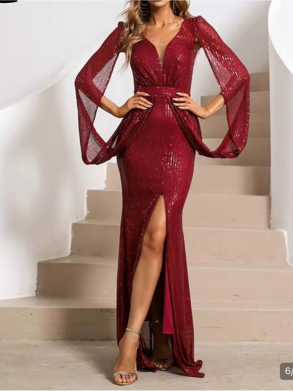 Missord Elegant Sequin Burgundy Evening Gown with Draped Sleeves